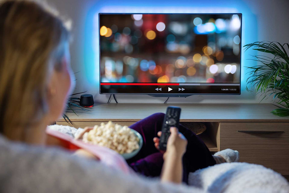 Measurement - a woman watching TV, changing the channel holding popcorn