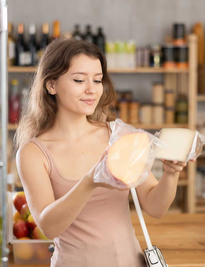 Woman in a store holding two types of cheese, smiling thoughtfully. Background features shelves with bottles and canned goods.