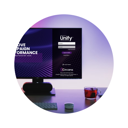 Unity login screen, Live Campaign Performance, Circana research, on desktop monitor.